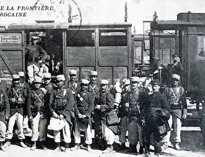 Boarding: French Foreign Legion Troops board a train in Morocco. 1914