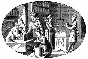 Measurement: French grocer and druggist. In foreground a boy