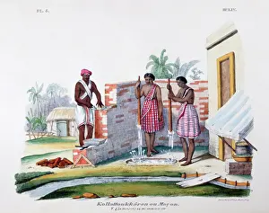 Bricklayer: French lithograph of bricklayer with two women