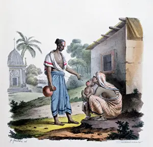 Villagers: French lithograph two villagers with a baby in