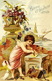 Doves: French New Year card with Cupid and doves