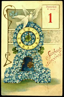 Clocks: French New Year card with flower clock
