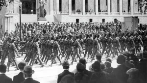 Withdraw: French paramilitary troop parade in the occupied