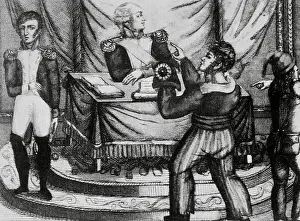 1799: French Revolution. Sansculottes offering the Phrygian cap to