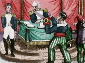 1799: French Revolution. Sansculottes offering the Phrygian cap to