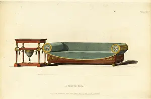 Regency Era: French scroll sofa and lady's work table, 1812