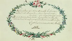 Initialled: French Verse in an oval wreath of flowers