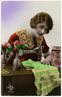 Stitching: French woman using a sewing machine