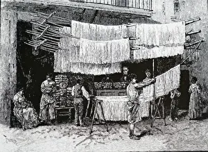 Produce: Freshly made macaroni hanging up to dry. Naples