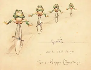 Coasting: Four frogs on bicycles on a Christmas card