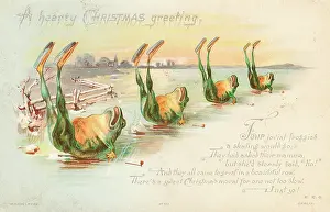 Four frogs ice skating on a Christmas card