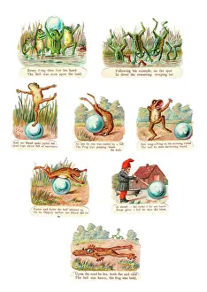 Dwarves: Frogs playing with a ball on eight Victorian scraps