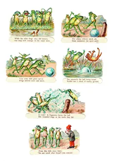 Dwarves: Frogs playing with a ball on six Victorian scraps