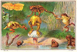 Leapfrog: Frogs playing leapfrog on a Christmas card