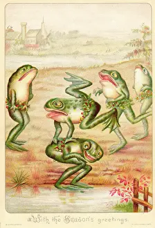 Leapfrog: Frogs playing leapfrog on a Christmas card