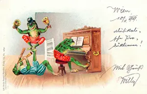 Flutes: Three frogs playing music on a German postcard