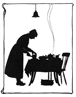 Slicing: Frontispiece, Mrs Bobbity standing at the tea table