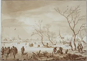 1675: Frozen river with skaters in winter
