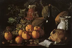 Eugenio: Fruit, Bread, Two Jars and a Bottle of Wine