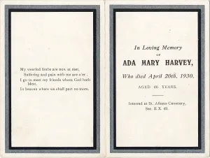 Bereavement: Funeral card, In Loving Memory of Ada Mary Harvey