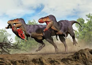 Threat: A furious Tarbosaurus chasing a thief Tarbosaurus