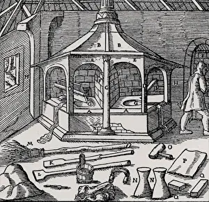 Necessary: Furnace for refining copper (Basle, 1556). Woodcut