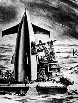 Explorations: future, spaceship is loading, drawing, 1950s