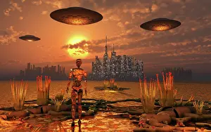 Skyscraper: A futuristic alien city, featuring UFO's and androids