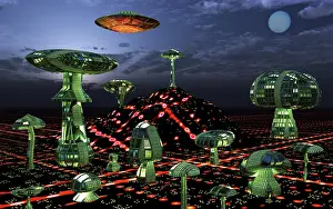 Neon: A futuristic alien city seen at night