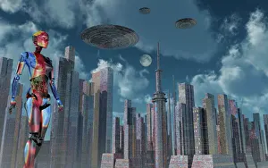 Multi Colored: A futuristic city where robots and flying saucers are ?