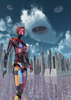 Multi Colored: A futuristic city where robots and flying saucers are ?