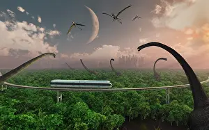 Monorail: Futuristic concept of a monorail ride through a dinosaur ?