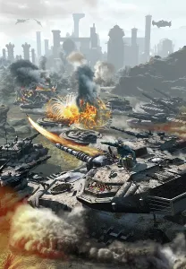 Ambush: Futuristic hover tank assaulting a distant city