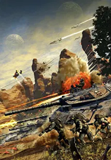 Downhill: Futuristic hover tank platoon charging downhill