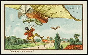 Alighting: Futuristic pilot leaving his airship by parachute