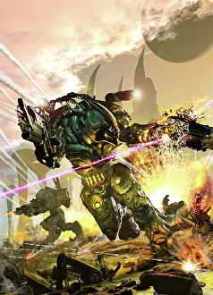 Ambush: Futuristic robotic marines charging on a battlefield