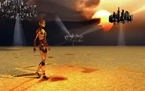 Searching: Futuristic secen of androids searching for gold