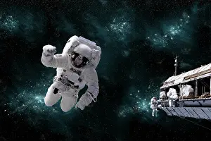 Galactic: A galactic scene showing astronauts working on space station
