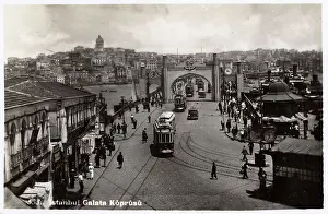 Galata: Galata Bridge with Tram and temporary ceremonial gateway