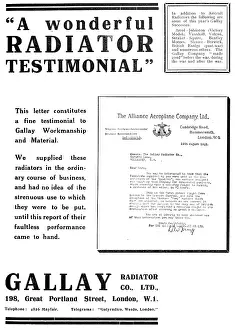 Gallay: Gallay Aero Engine Radiators - 1919 Advert