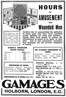 Convalescing: Gamages advertisement, amusements for wounded men, WW1