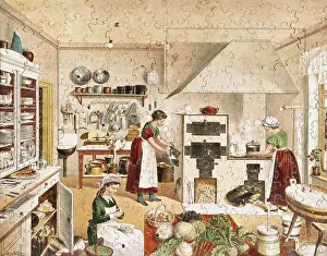 Jigsaw: game, jigsaw puzzle, Kitchen work, colour lithograph