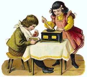 Napkins: games, children playing cooking, scraps, lithograph