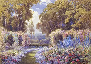 Walford: Garden with roses, delphiniums and view