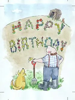 Gardener and Happy Birthday spelled with flowers