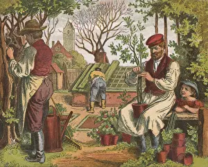 Potted: Gardening. In the foreground gardeners are pruning