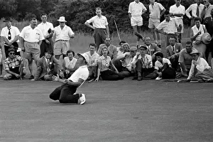 Pleads: Gary Player, on his knees, pleads for his putt