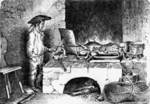 Spits: gastronomy, kitchen, boy turning the roast