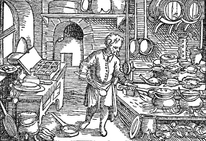 Cookers: gastronomy, kitchen, cook in kitchen, woodcut