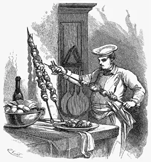 Spits: gastronomy, kitchen, preparing a silver skewer